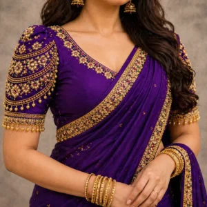 Royal purple bridal Aari work blouse with heavy maggam embroidery and zari sleeve design