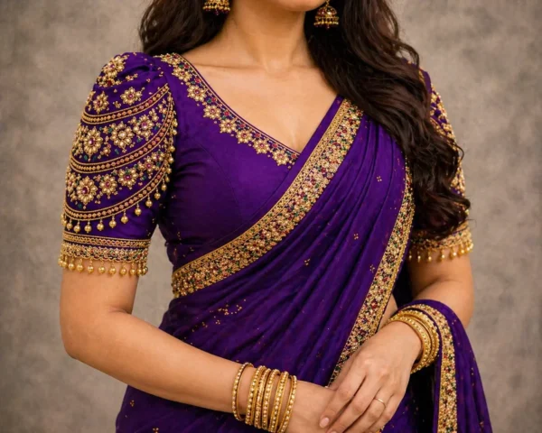 Royal purple bridal Aari work blouse with heavy maggam embroidery and zari sleeve design