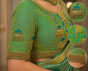 Bell Motif Sleeve Design with Aari Embroidery, Kundan Stones and Pearl Hanging Work