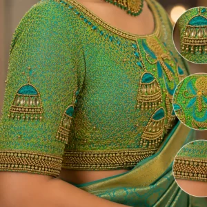 Bell Motif Sleeve Design with Aari Embroidery, Kundan Stones and Pearl Hanging Work