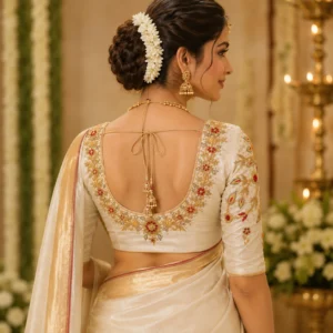 Bridal Aari Blouse Back Neck Design with Antique Gold Maggam Work