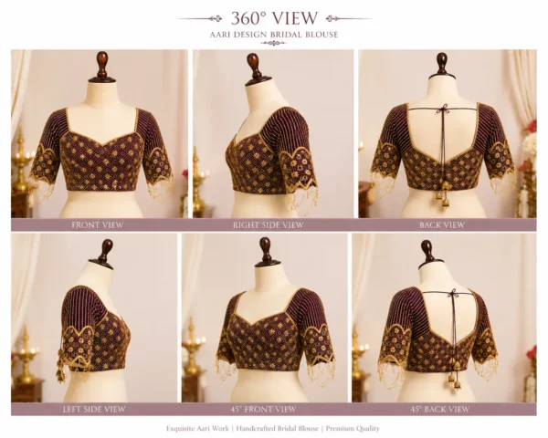 360 degree Bridal Aari Blouse showcasing front back and sleeve embroidery details