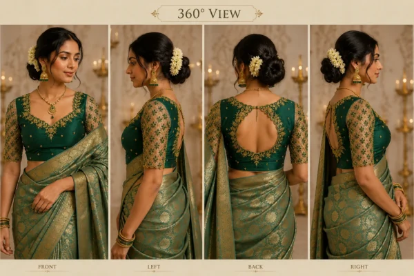 360 degree bridal blouse showcasing premium Aari embroidery and Maggam work