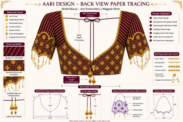 Back paper tracing design for Bridal Aari Blouse with deep V neckline and tassel detailing