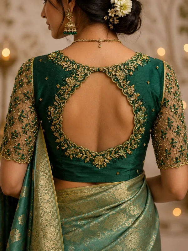 Deep back bridal Aari blouse with scalloped floral Maggam work embroidery