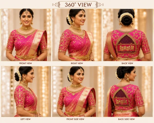 360 degree bridal Aari blouse design showcasing front back and sleeve embroidery details