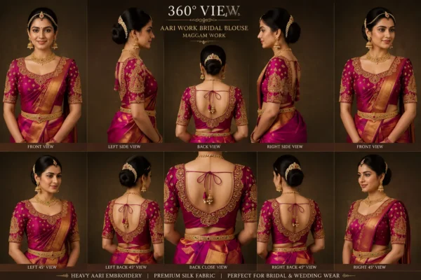 360 degree view of premium bridal Aari blouse design with silk saree