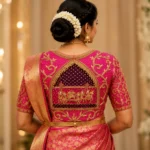 Temple arch bridal Aari blouse back neck design with traditional bridal procession Maggam work embroidery