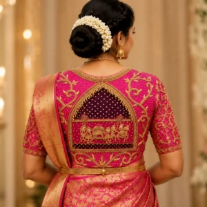 Temple arch bridal Aari blouse back neck design with traditional bridal procession Maggam work embroidery