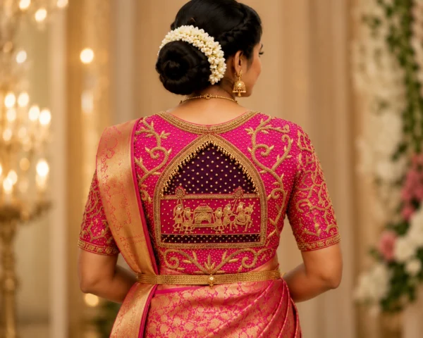 Temple arch bridal Aari blouse back neck design with traditional bridal procession Maggam work embroidery