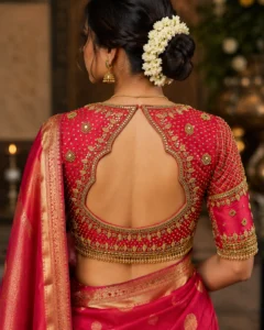 Deep Keyhole Back Bridal Aari Blouse Design with Pearl Hanging Border and Maggam Work