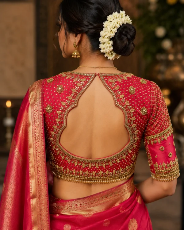 Deep Keyhole Back Bridal Aari Blouse Design with Pearl Hanging Border and Maggam Work