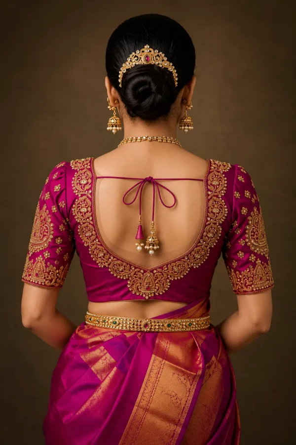 Deep U back neck bridal Aari blouse with heavy Maggam work embroidery