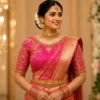 Bridal Aari Blouse Design front view with floral Maggam work embroidery and stone embellishments