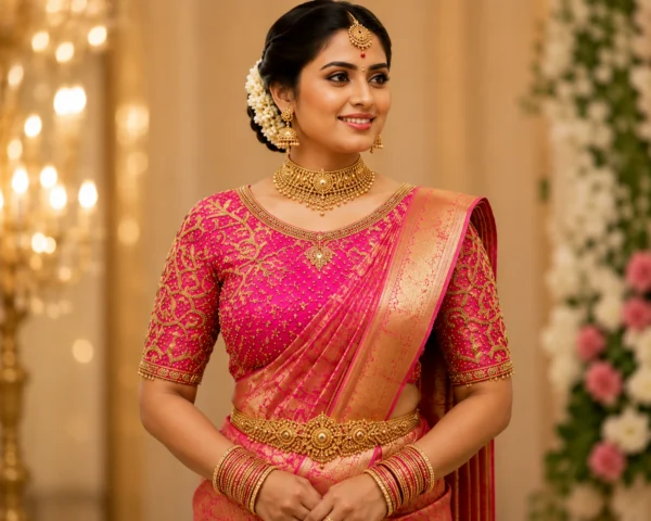 Bridal Aari Blouse Design front view with floral Maggam work embroidery and stone embellishments