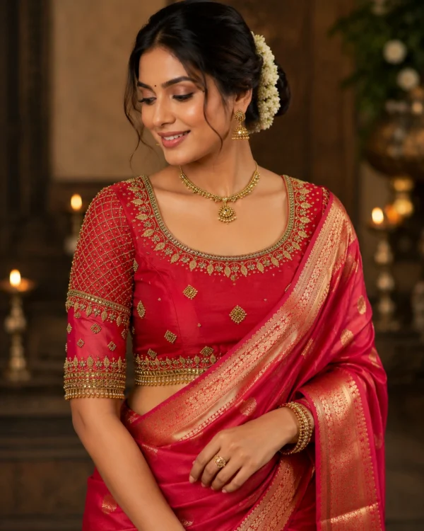 Luxury Bridal Aari Blouse Design Front View with Premium Maggam Work and Kundan Embroidery
