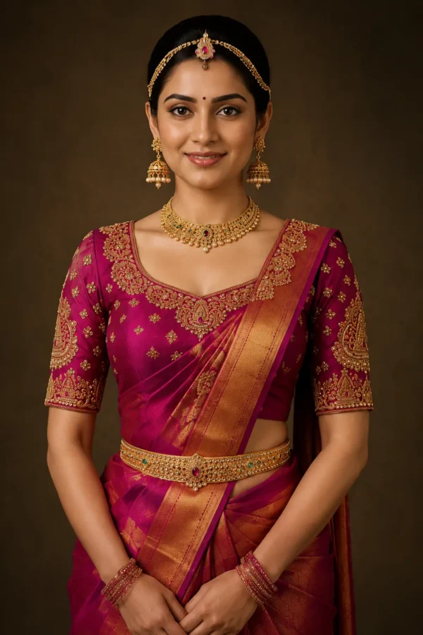 Bridal Aari Blouse Design front view with temple motif Maggam work embroidery