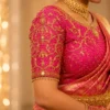 Bridal blouse sleeve design with intricate Aari embroidery floral vine Maggam work and bead detailing