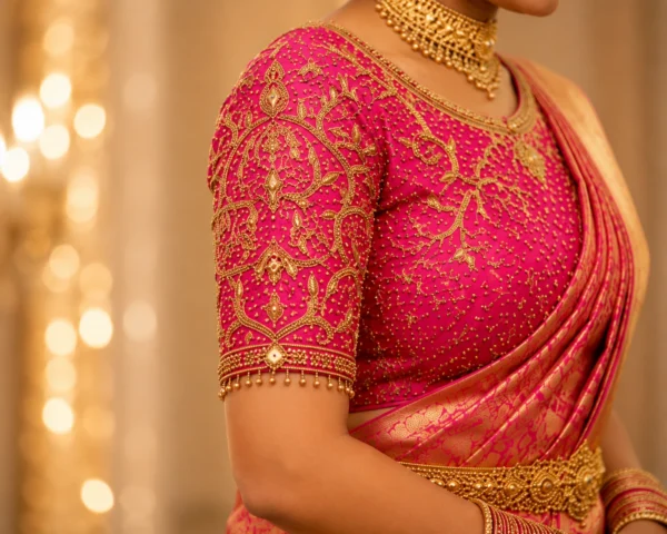 Bridal blouse sleeve design with intricate Aari embroidery floral vine Maggam work and bead detailing
