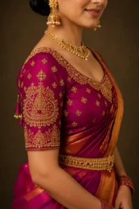 Temple motif bridal blouse sleeve featuring handcrafted Aari embroidery