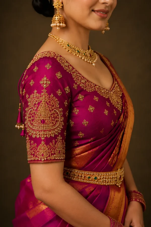Temple motif bridal blouse sleeve featuring handcrafted Aari embroidery
