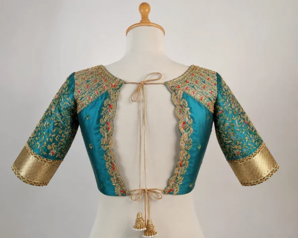 Designer Bridal Aari Blouse Back View with Deep Neck and Antique Gold Embroidery