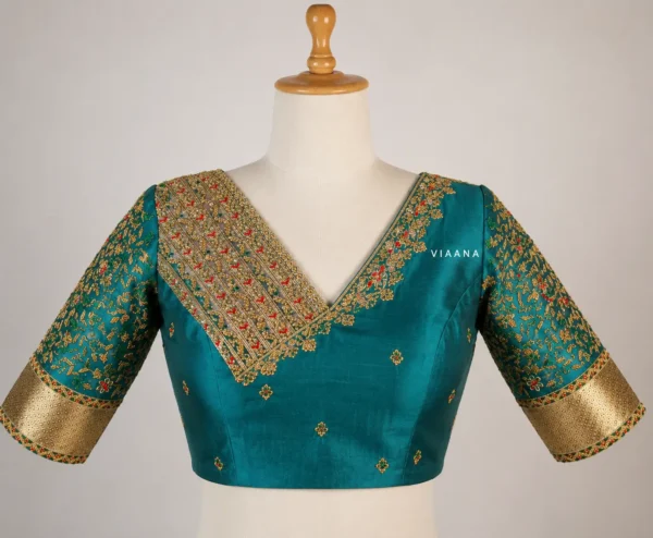 Bridal Aari Blouse Design in Teal Antique Gold with Premium Maggam Work Front View