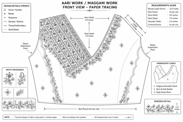 Front Paper Tracing Design for Bridal Aari Blouse Embroidery Pattern