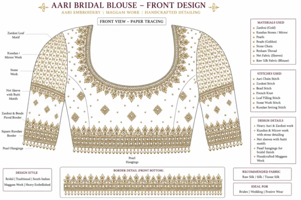 Front Paper Tracing for Bridal Aari Blouse Design with Detailed Embroidery Layout