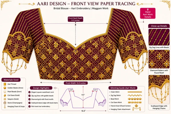 Front paper tracing design for Bridal Aari Blouse geometric embroidery pattern