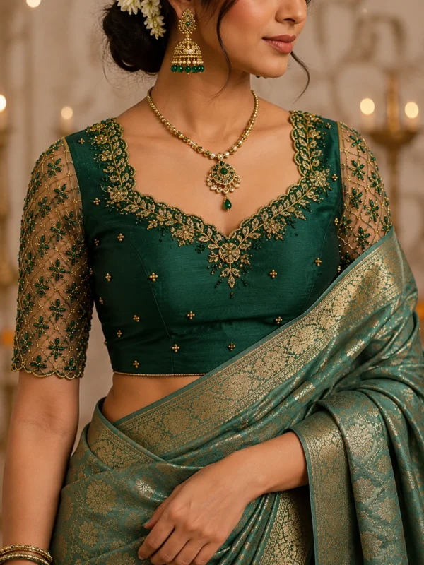 Luxury bridal Aari blouse front view with floral embroidery and designer net sleeves