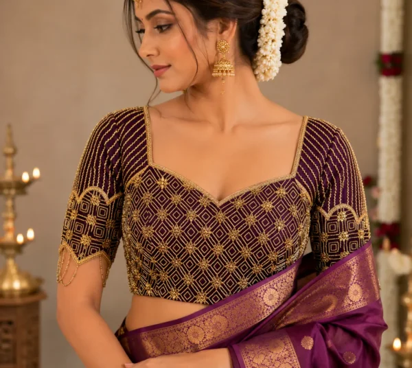 Luxury Bridal Aari Blouse Design with geometric Maggam Work embroidery and scalloped sleeves