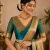 Bride Wearing Teal Antique Gold Aari Blouse with Designer Maggam Work