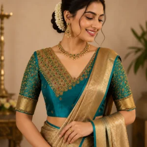 Bride Wearing Teal Antique Gold Aari Blouse with Designer Maggam Work