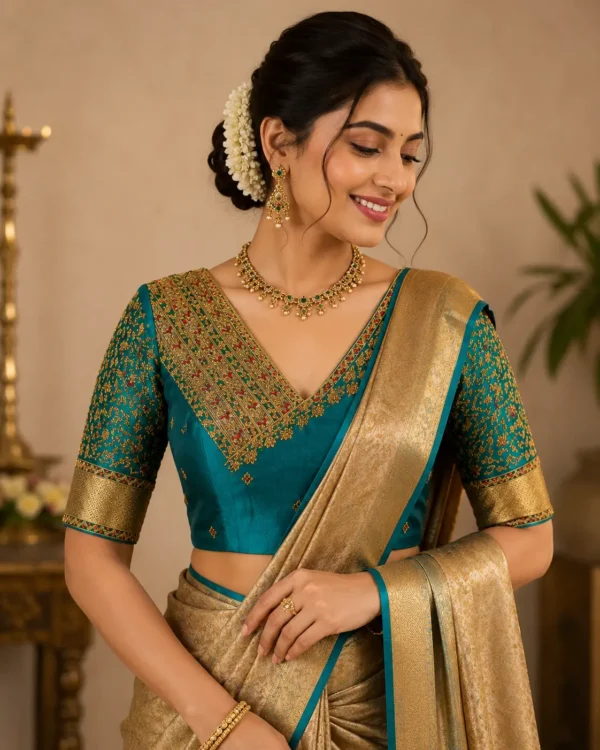 Bride Wearing Teal Antique Gold Aari Blouse with Designer Maggam Work