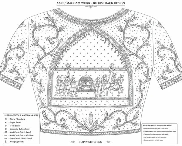 Temple arch bridal blouse back paper tracing design for Maggam work artisans
