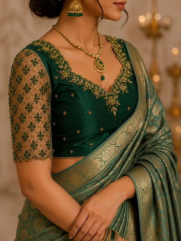 Detailed floral sleeve embroidery pattern with Aari and zari work
