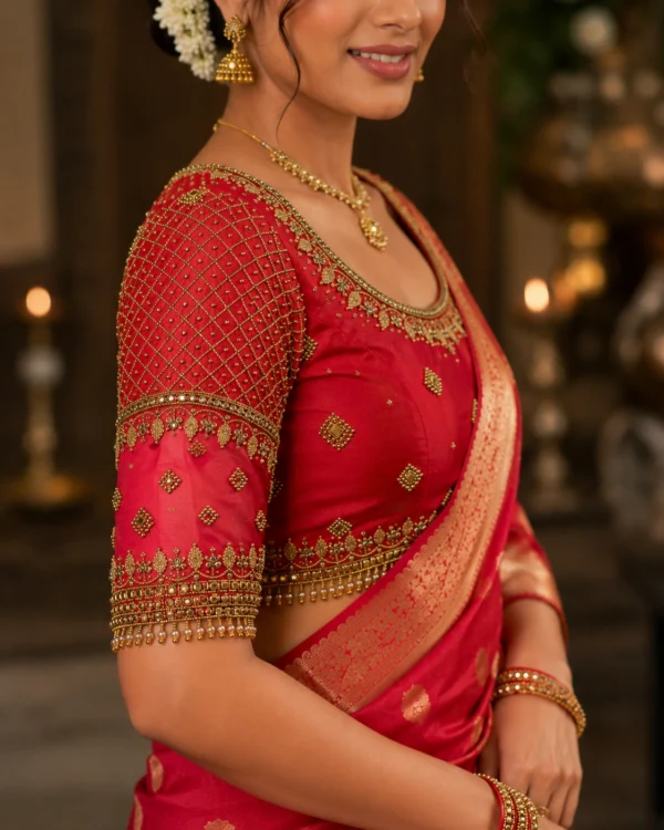 Designer Sleeve Bridal Aari Blouse with Lattice Pattern Aari Embroidery and Kundan Work