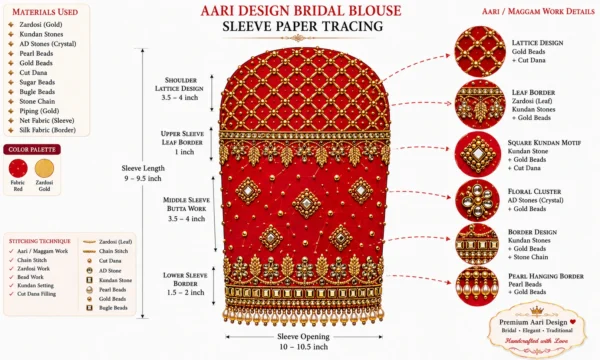 Sleeve Paper Tracing for Bridal Aari Blouse Design with Lattice Pattern and Maggam Work Details