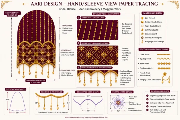 Sleeve paper tracing design featuring scalloped edge and hanging bead chain embroidery