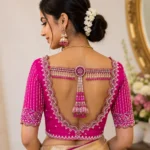 Deep Scallop Back Neck Bridal Aari Blouse with Designer Tassels and Pearl Work