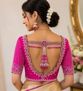 Deep Scallop Back Neck Bridal Aari Blouse with Designer Tassels and Pearl Work