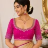 Premium Bridal Aari Design Blouse Front View with Pearl Embroidery and Maggam Work