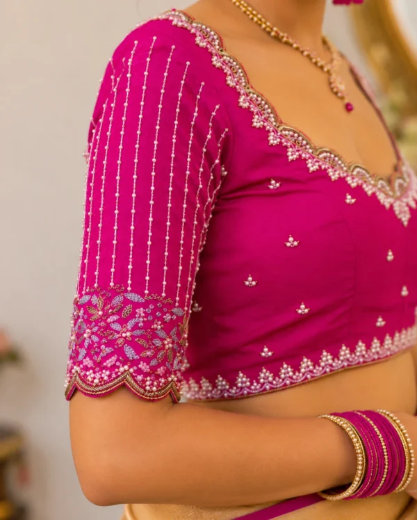 Luxury Aari Embroidery Sleeve Design with Pearl Lines and Floral Maggam Work