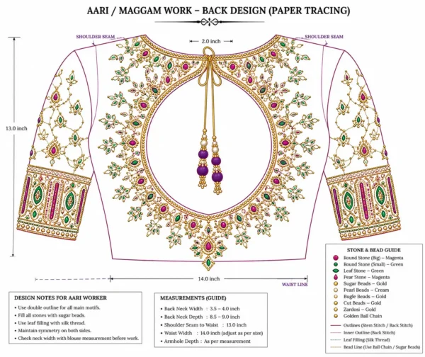 Luxury Bridal Aari Blouse Back Neck Design with Maggam Work and Pearl Border paper tracing