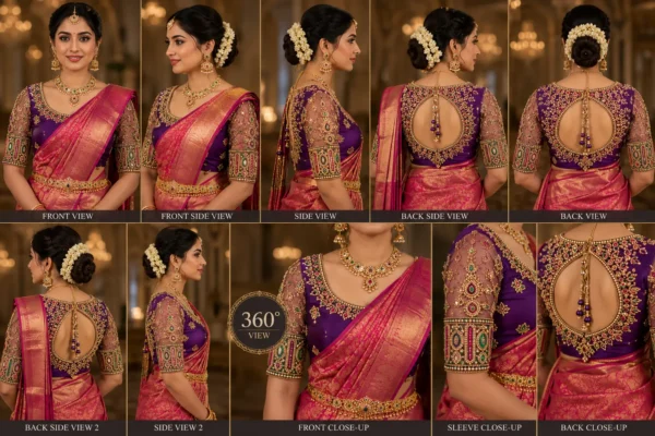 360 Degree Bridal Emerald Green Aari Blouse Design with Traditional South Indian Maggam Work