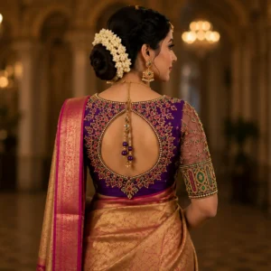 Luxury Bridal Aari Blouse Back Neck Design with Maggam Work and Pearl Border