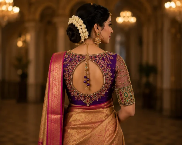 Luxury Bridal Aari Blouse Back Neck Design with Maggam Work and Pearl Border