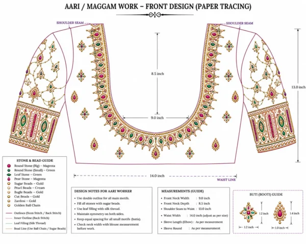 Bridal Emerald Green Aari Blouse Front View with Pearl and Stone Embroidery-paper-tracing