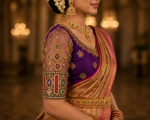 Heavy Maggam Work Sleeve Design with Kundan Stones and Pearl Embroidery